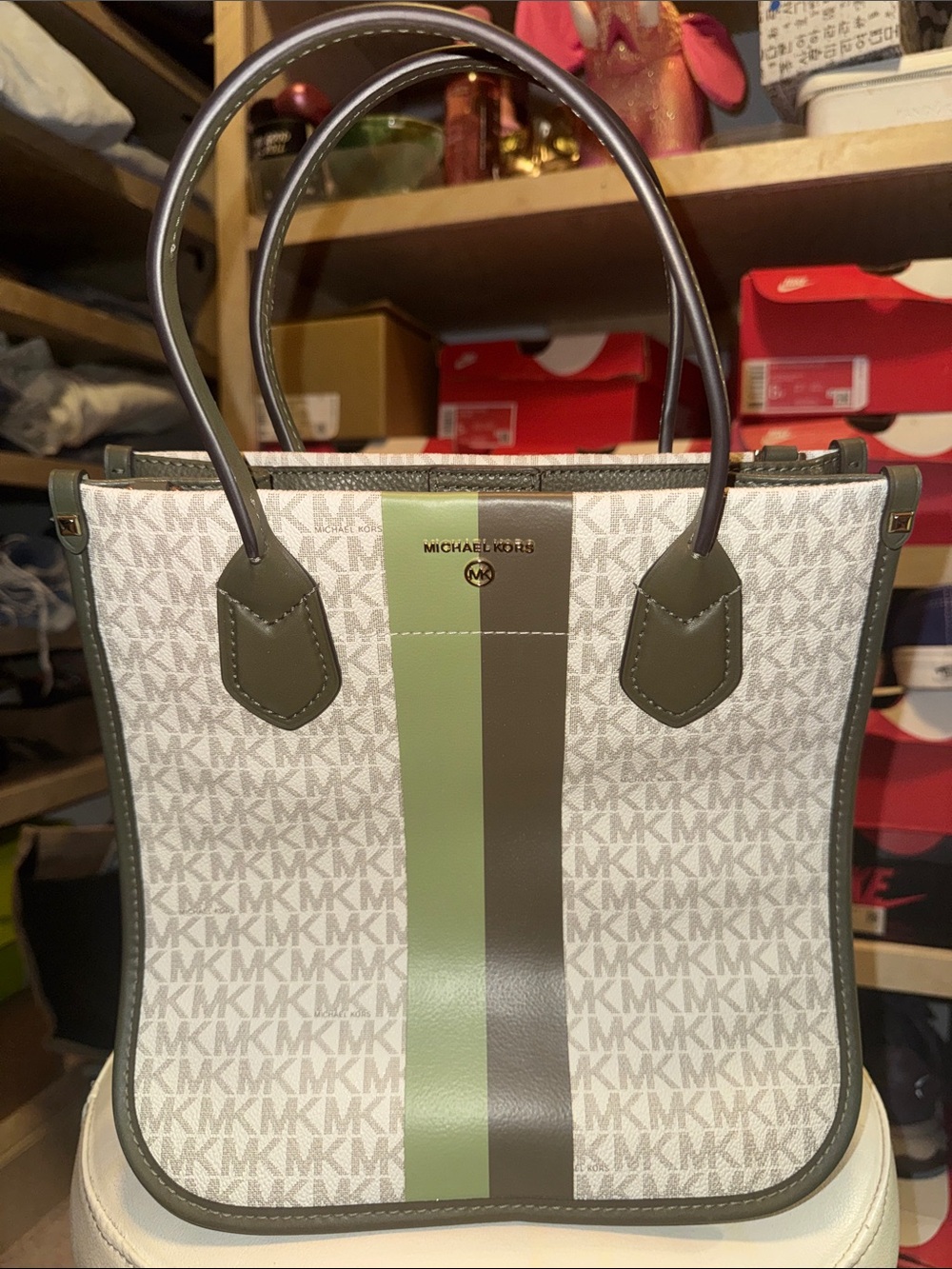 Michael Kors White MK Logo Tote with Olive and Light Green Center Stripe